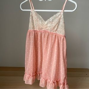 Peach pink small babydoll lingerie slip dress polka dot cream lace vintage